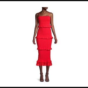 Bebe Smocked Ruffle-Tiered Bodycon Dress in Fiery Red